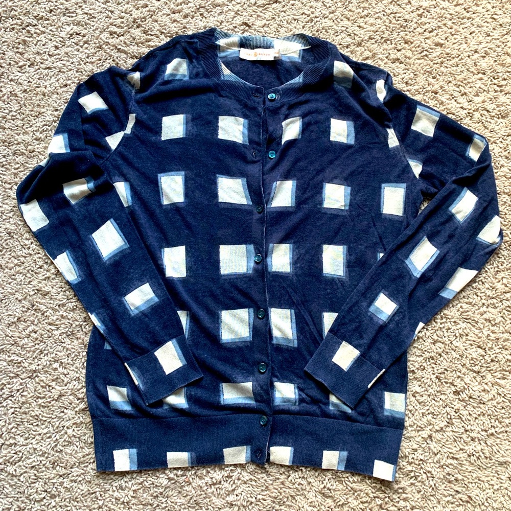Tory Burch Navy Blue Cardigan with Cream Square Pattern